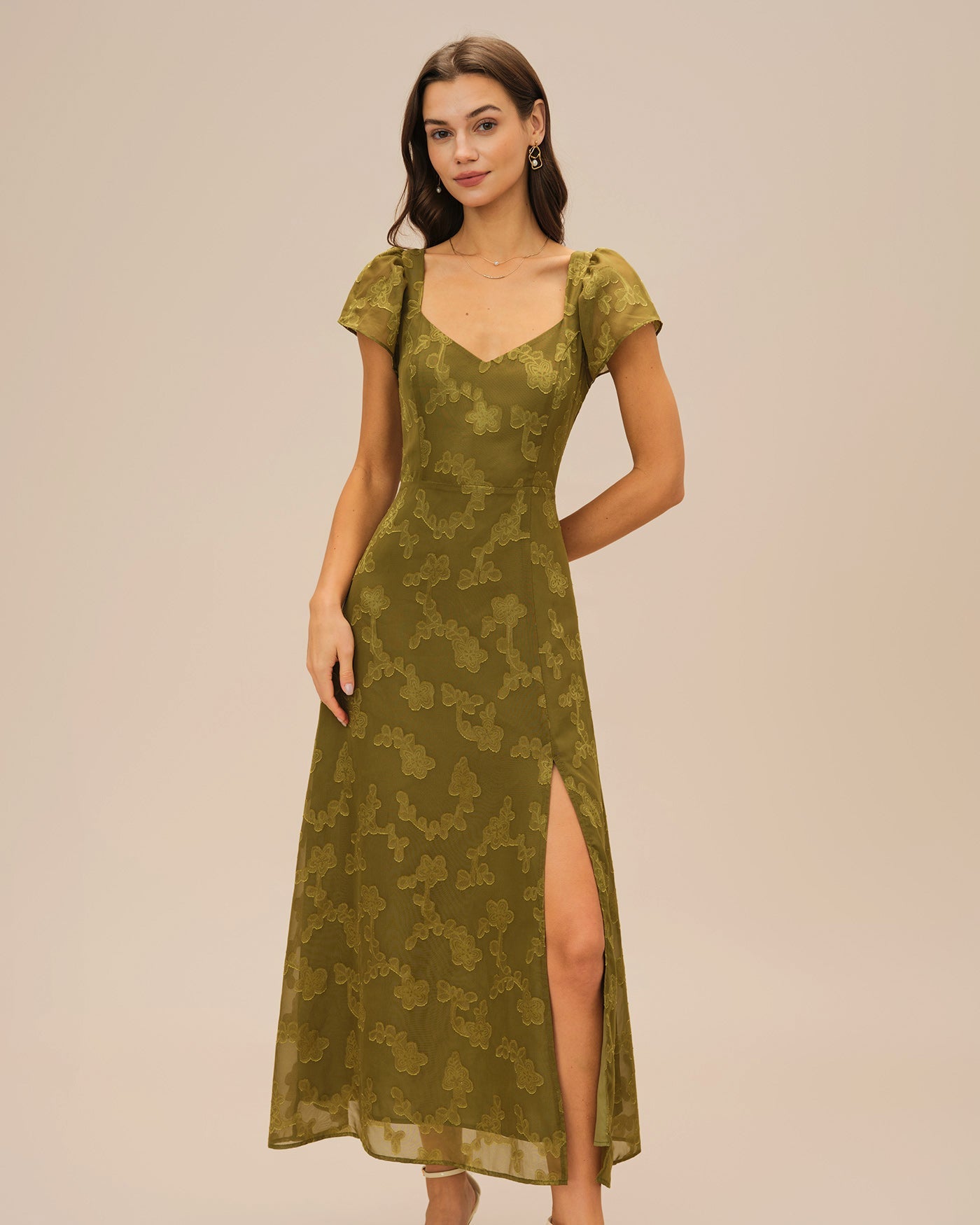 Green Sweetheart Neck Jacquard Maxi Dress