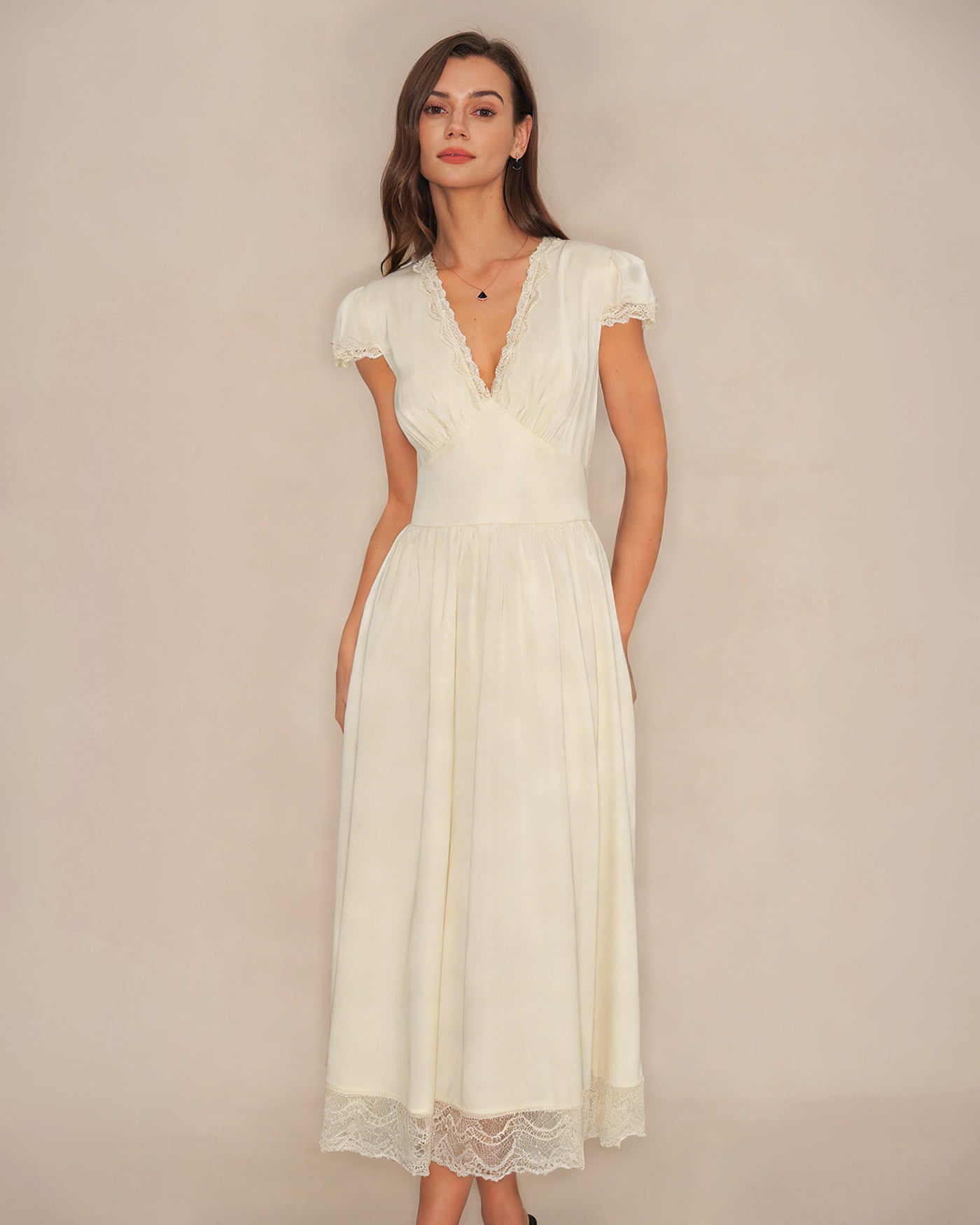 Apricot V Neck Lace Maxi Dress