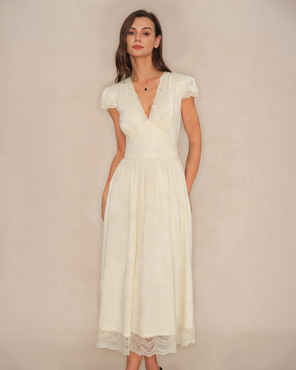 Apricot V Neck Lace Maxi Dress