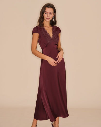 Wine Red V Neck Lace Maxi Dress