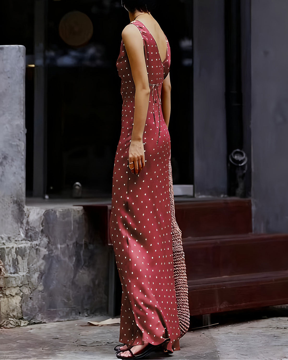 Wine Red Polka Dot Sleeveless Maxi Dress