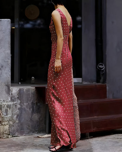 Wine Red Polka Dot Sleeveless Maxi Dress
