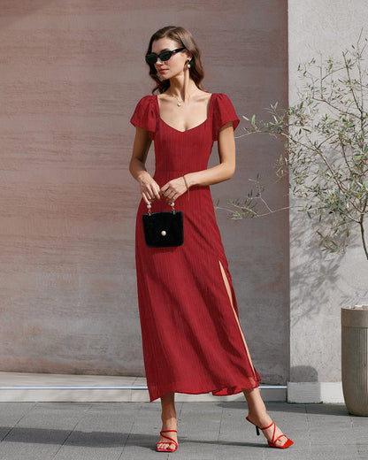 Red Sweetheart Neck Jacquard Maxi Dress