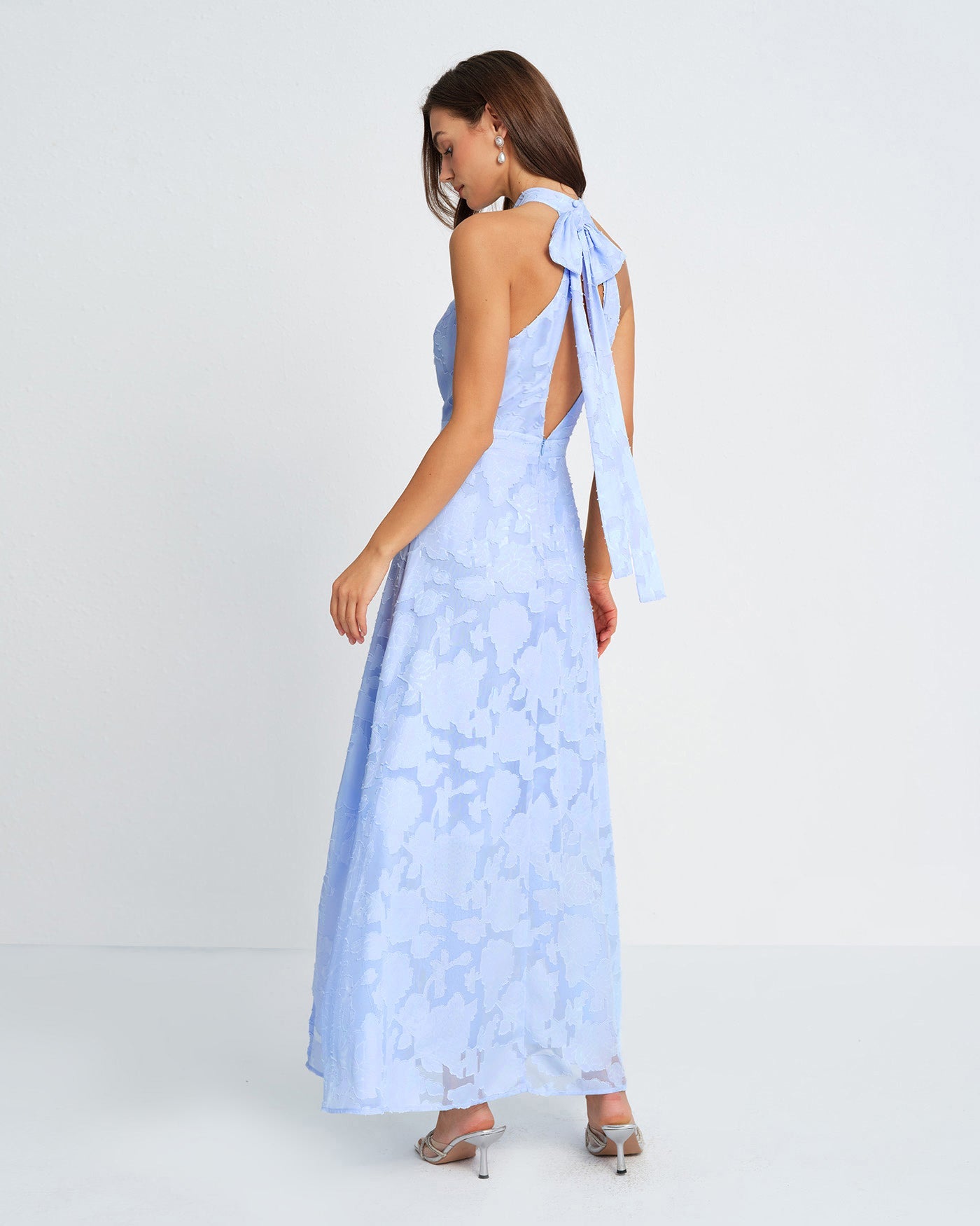 Blue Mock Neck Jacquard Maxi Dress