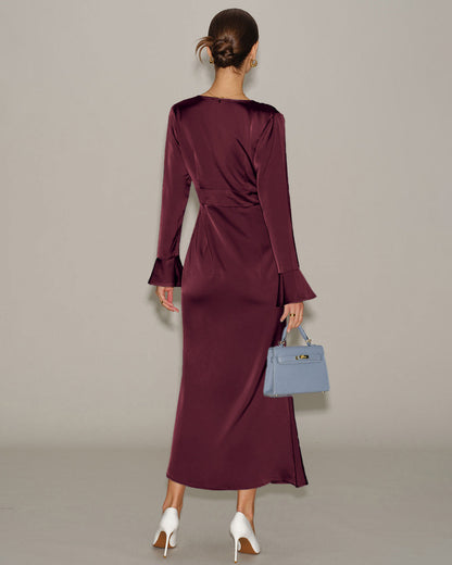 Wine Red V Neck Satin Maxi Dress