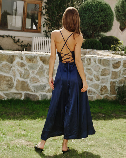 Navy Satin Slip Maxi Dress