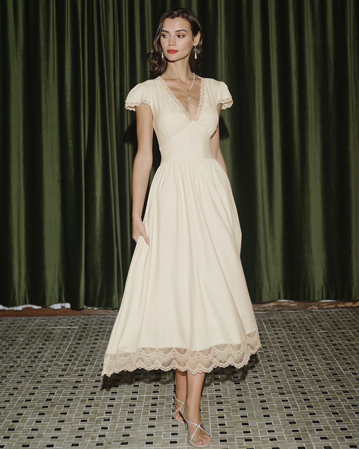 Apricot V Neck Lace Maxi Dress