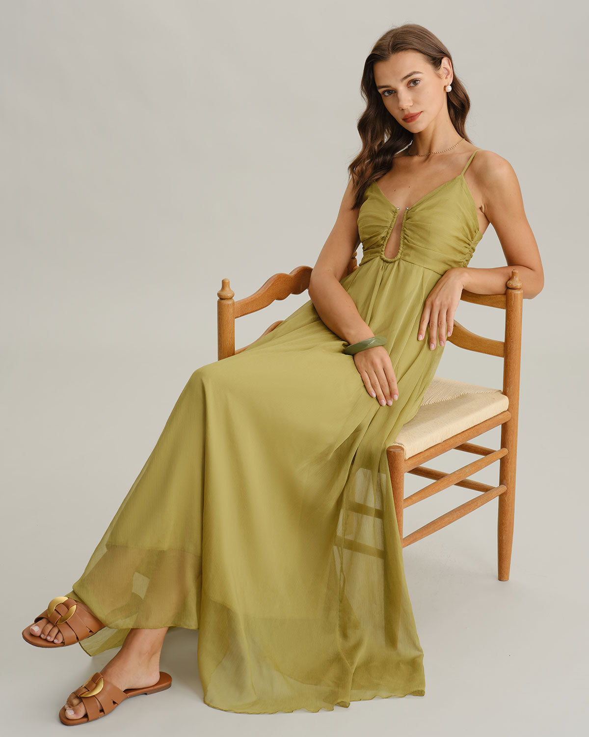 Green Ruched Slip Maxi Dress
