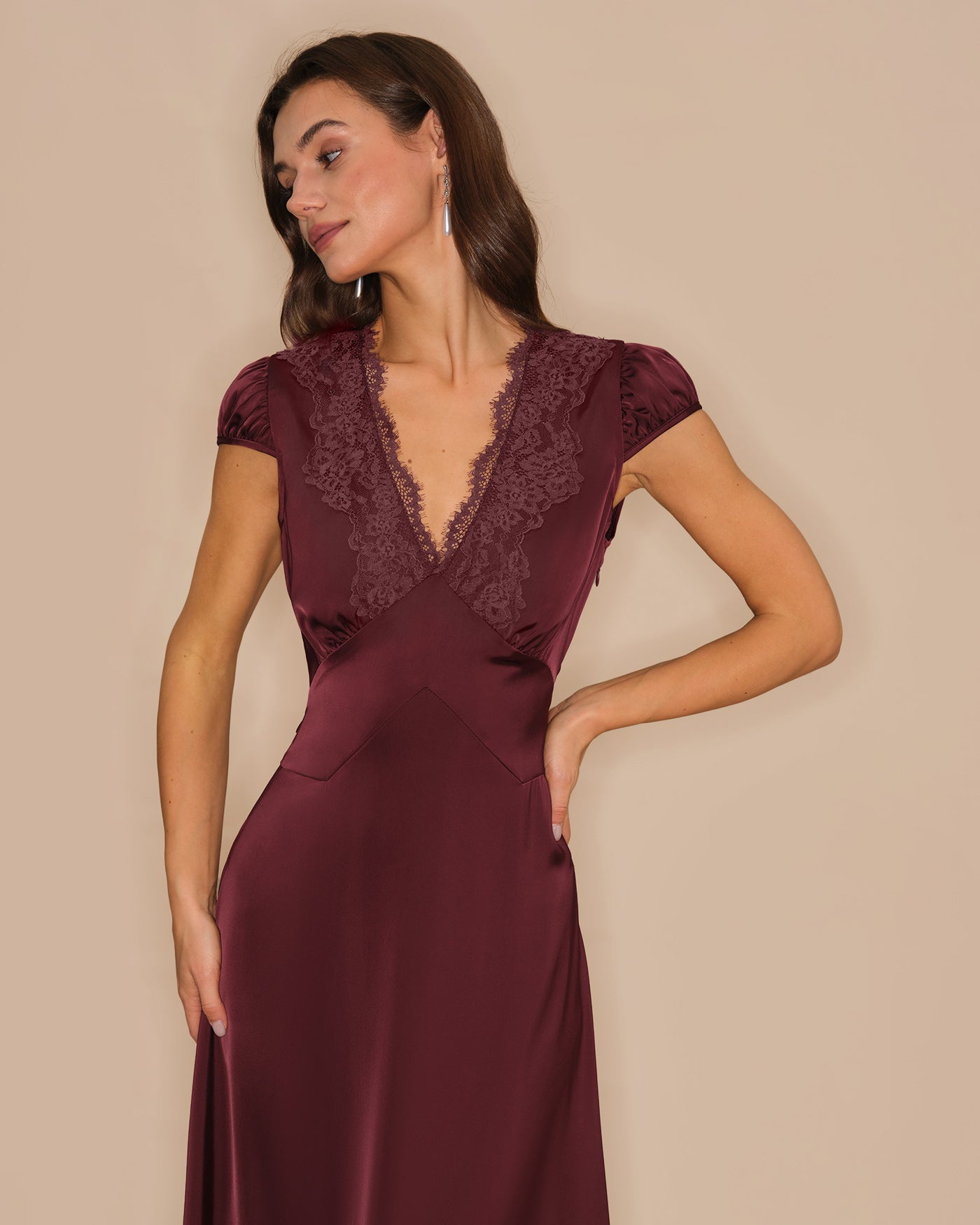 Wine Red V Neck Lace Maxi Dress