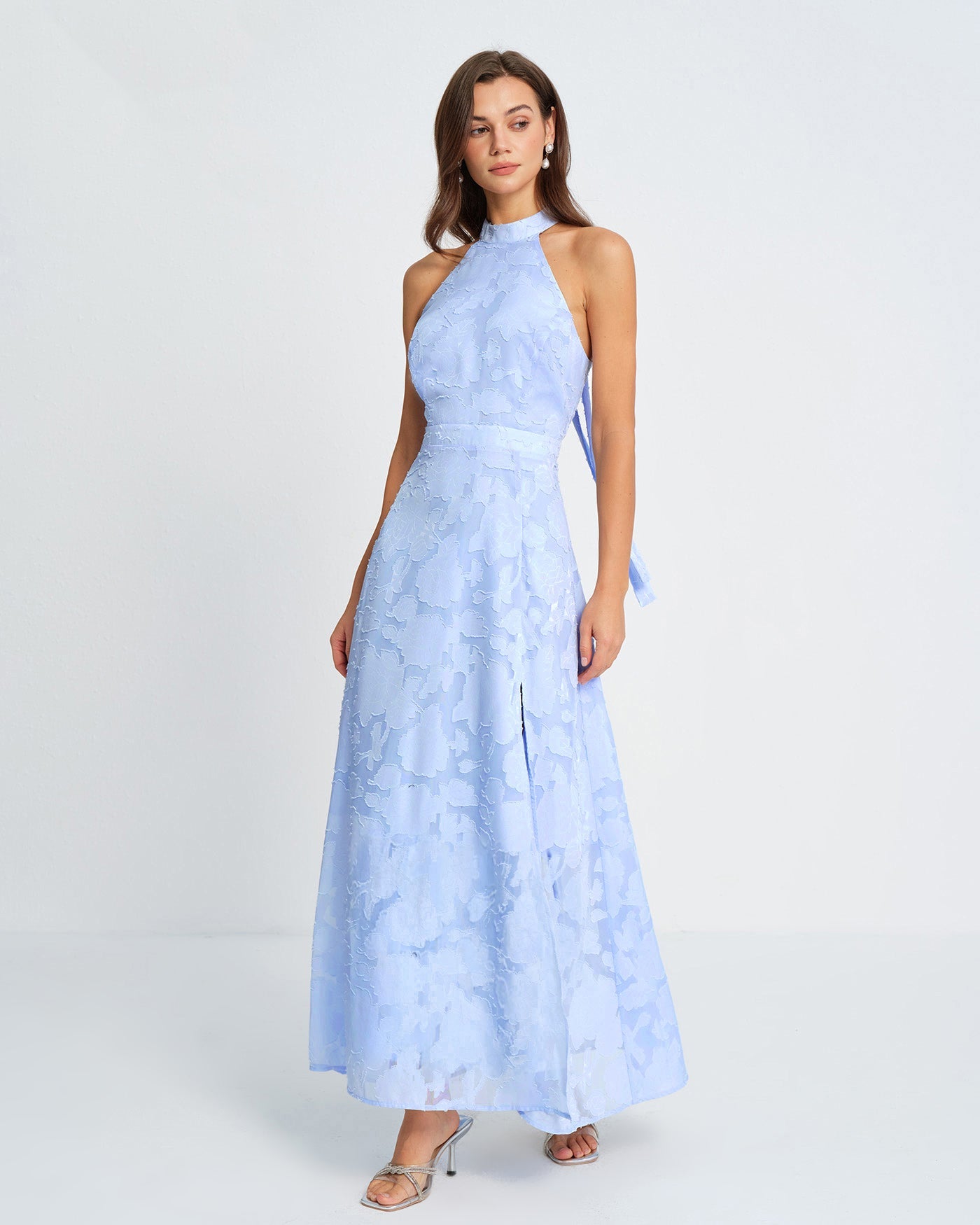 Blue Mock Neck Jacquard Maxi Dress