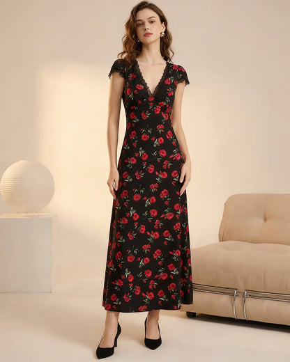 Black Floral V Neck Maxi Dress