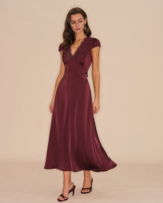 Wine Red V Neck Lace Maxi Dress