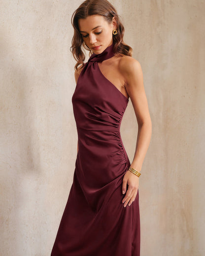Wine Red Satin One Shoulder Maxi Dress