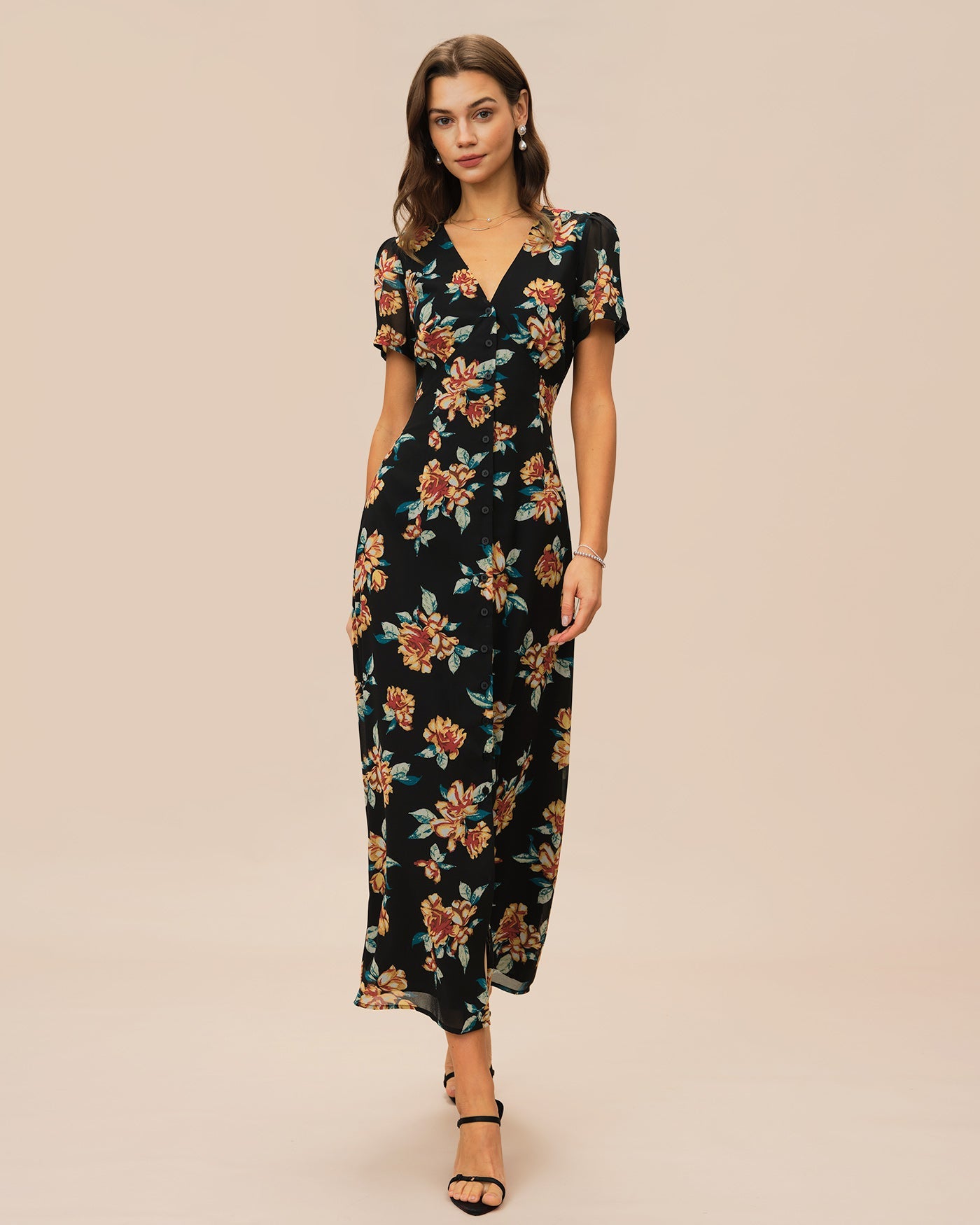 Black V Neck Floral Button Maxi Dress