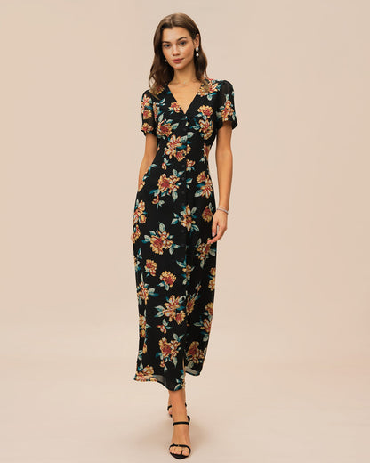 Black V Neck Floral Button Maxi Dress