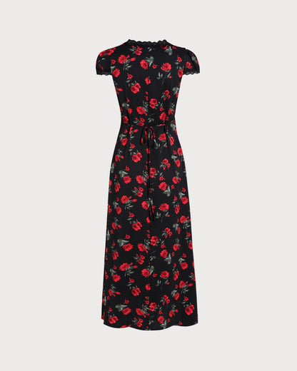 Black Floral V Neck Maxi Dress