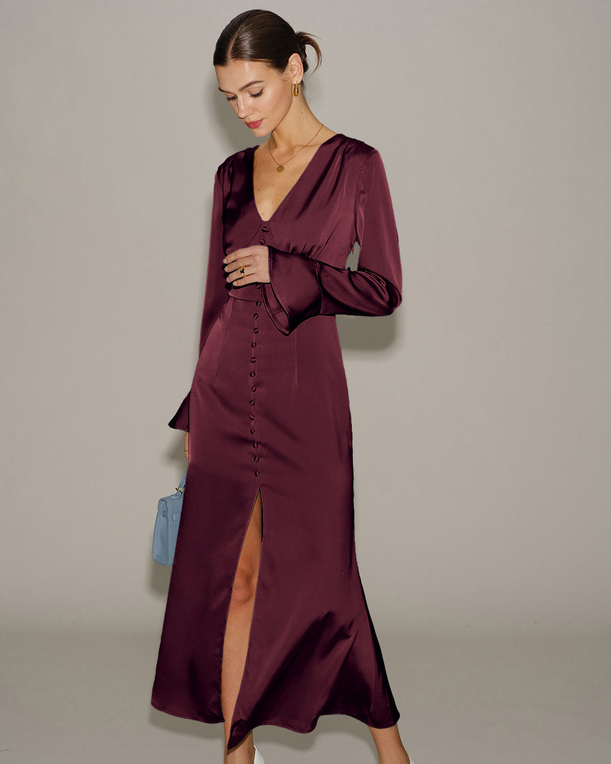 Wine Red V Neck Satin Maxi Dress