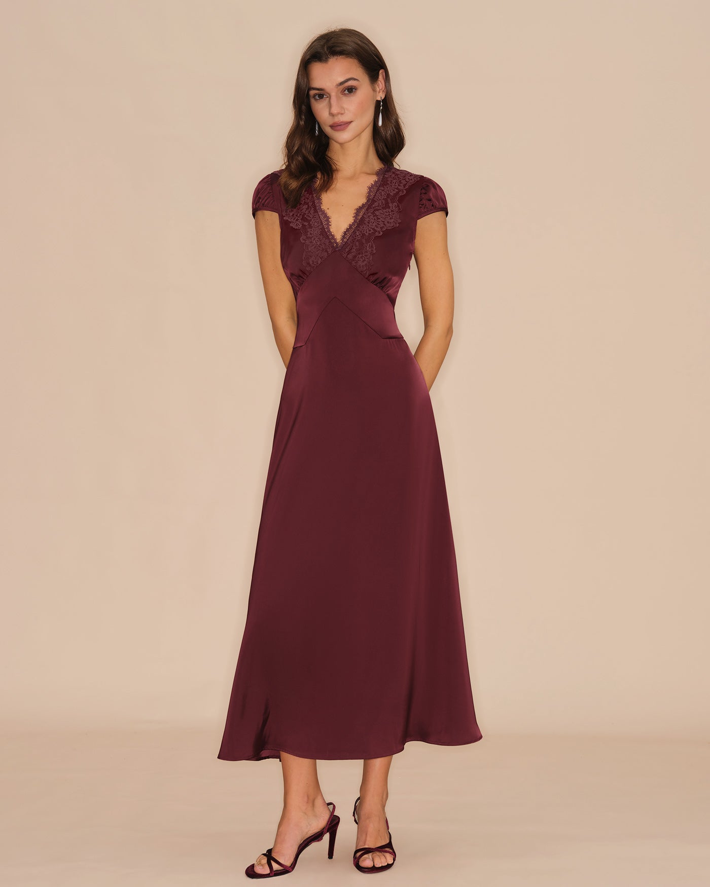 Wine Red V Neck Lace Maxi Dress