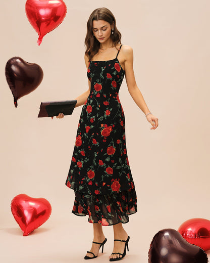 Black Floral Slip Chiffon Maxi Dress