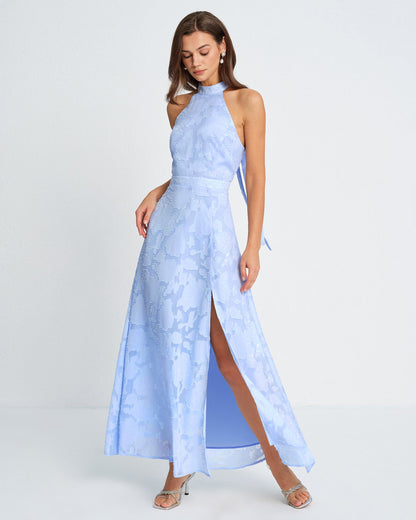 Blue Mock Neck Jacquard Maxi Dress