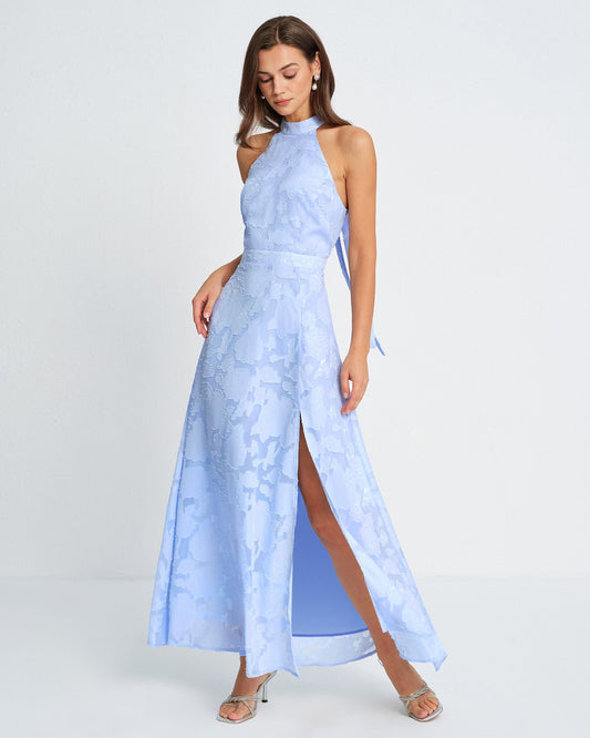 Blue Mock Neck Jacquard Maxi Dress