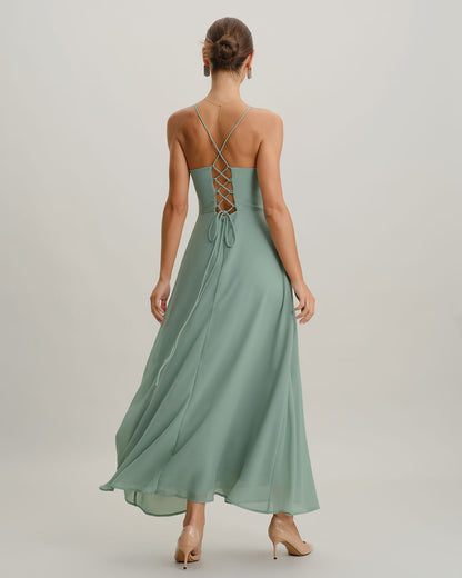 Green A-Line Backless Slip Maxi Dress