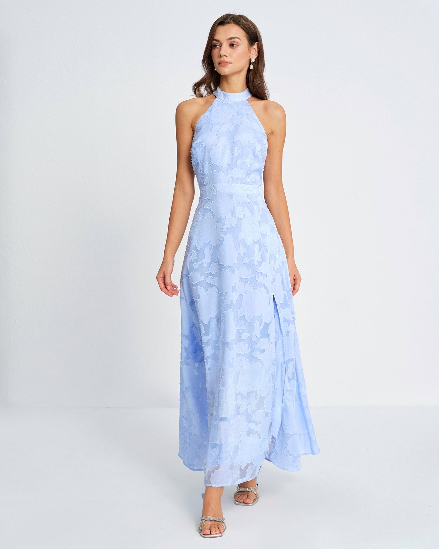 Blue Mock Neck Jacquard Maxi Dress