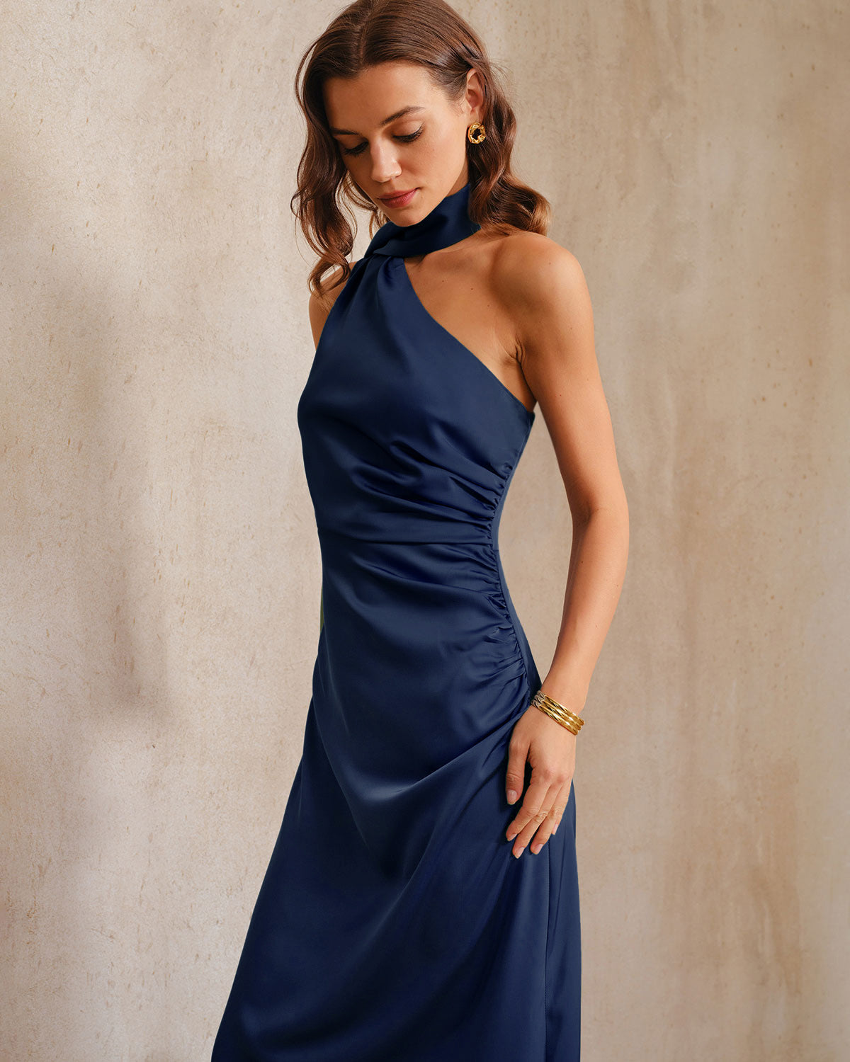 Navy One Shoulder A-Line Maxi Dress