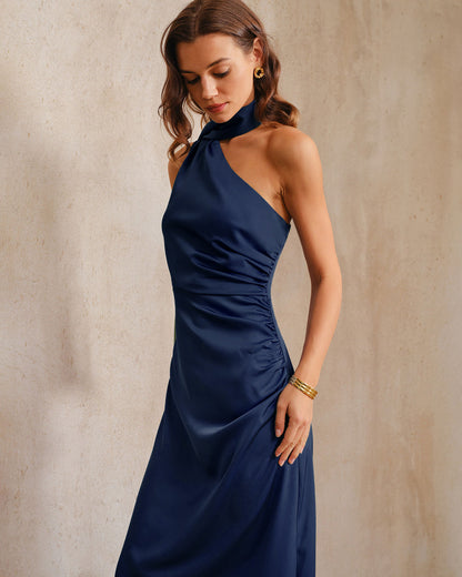 Navy One Shoulder A-Line Maxi Dress
