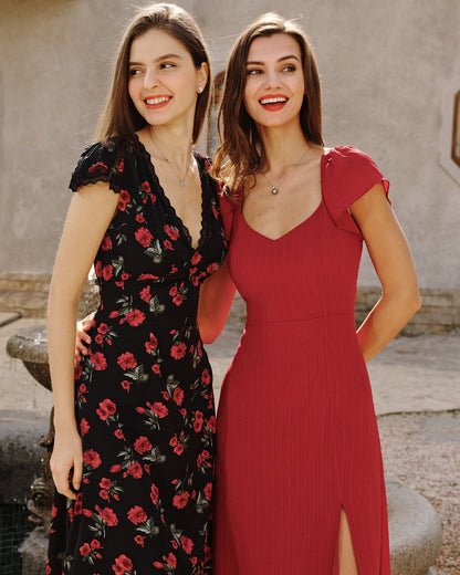 Red Sweetheart Neck Jacquard Maxi Dress