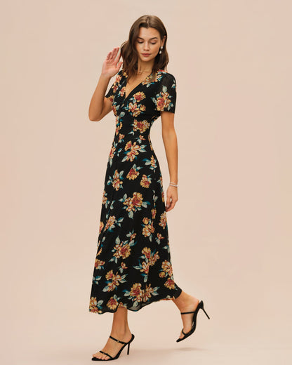 Black V Neck Floral Button Maxi Dress