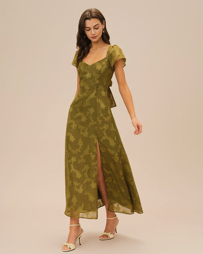 Green Sweetheart Neck Jacquard Maxi Dress