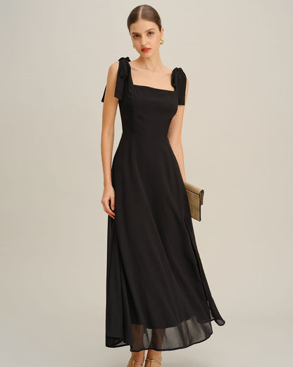 Black Chiffon Tie Strap Maxi Dress