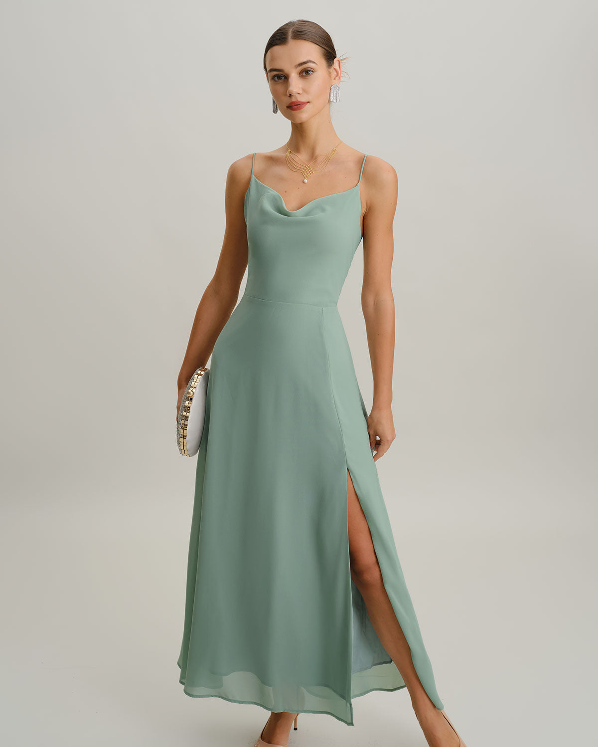Green A-Line Backless Slip Maxi Dress
