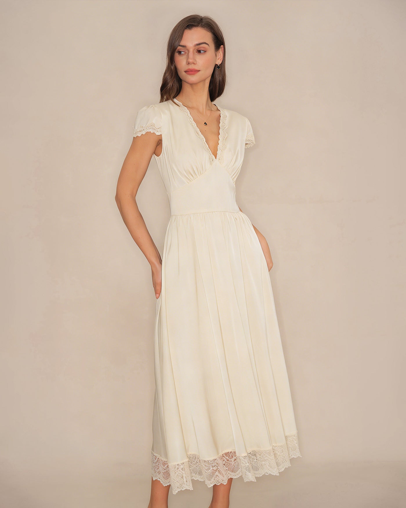 Apricot V Neck Lace Maxi Dress