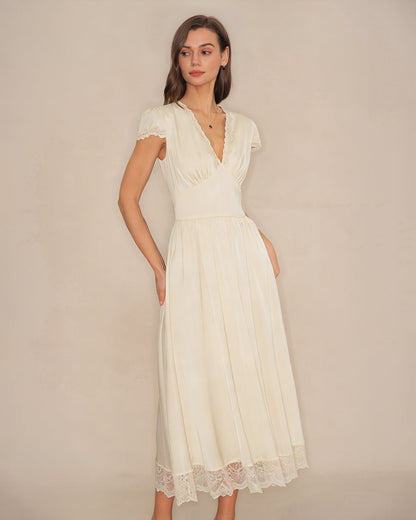 Apricot V Neck Lace Maxi Dress