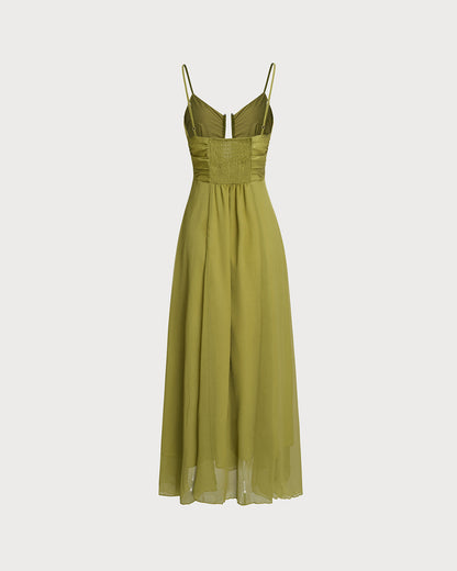 Green Ruched Slip Maxi Dress