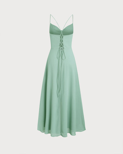 Green A-Line Backless Slip Maxi Dress