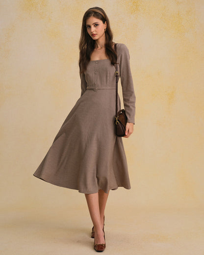 Brown Gingham Square Neck Belted Maxi Dress