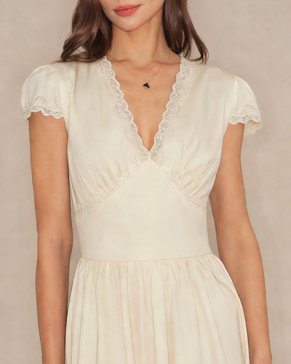 Apricot V Neck Lace Maxi Dress