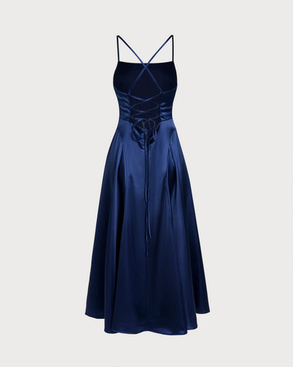 Navy Satin Slip Maxi Dress