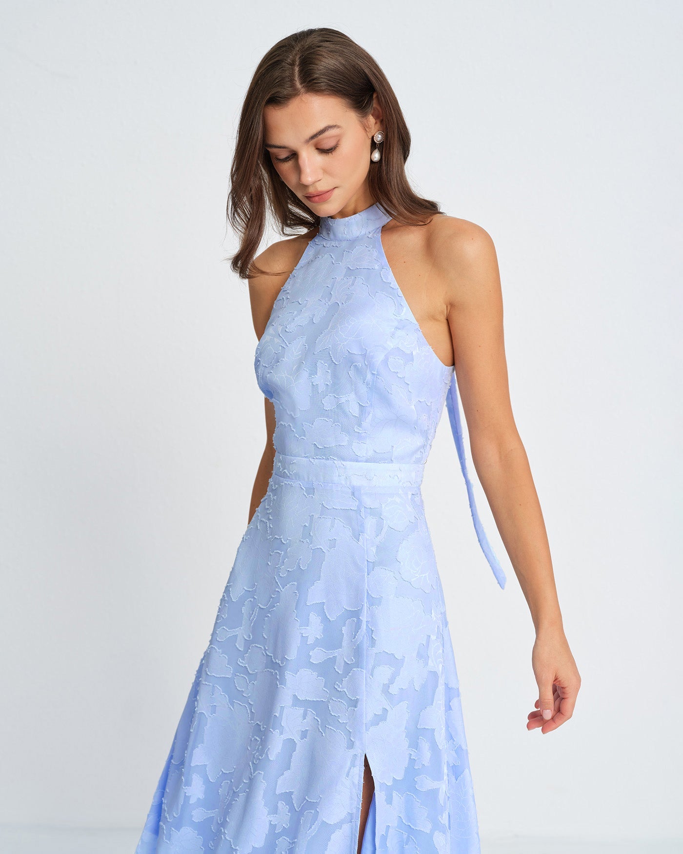 Blue Mock Neck Jacquard Maxi Dress