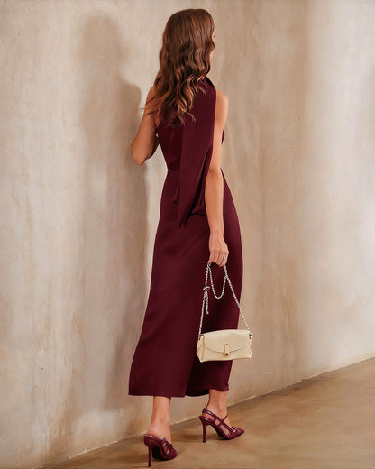 Wine Red Satin One Shoulder Maxi Dress