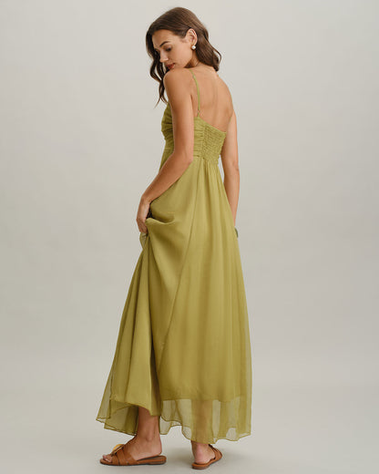 Green Ruched Slip Maxi Dress