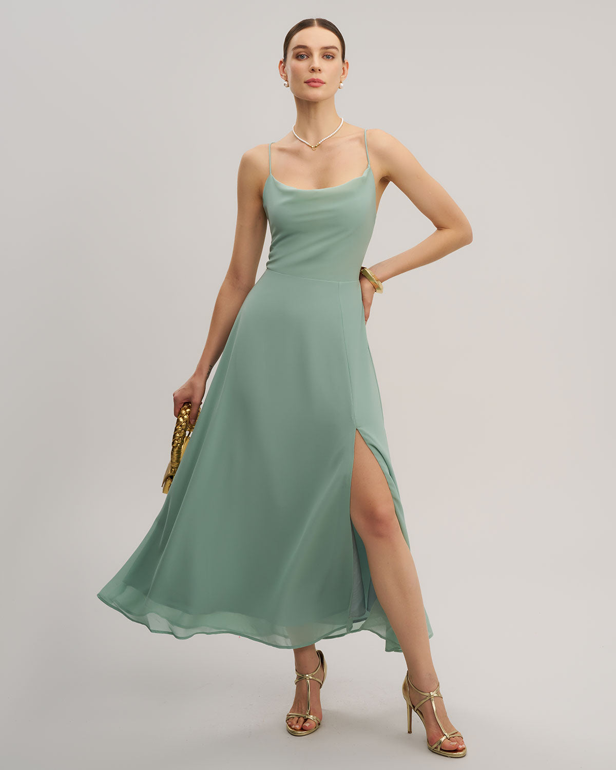 Green A-Line Backless Slip Maxi Dress