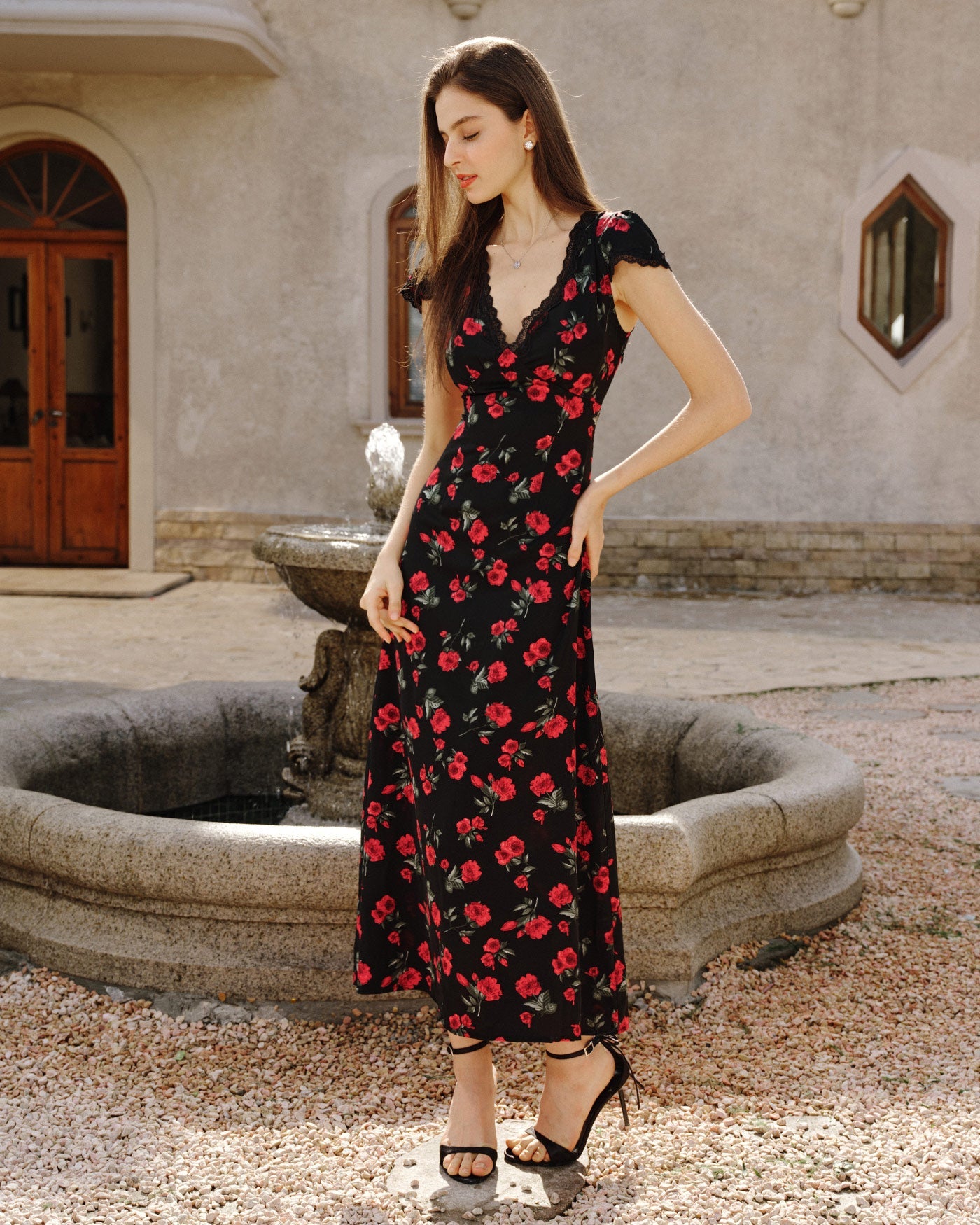 Black Floral V Neck Maxi Dress