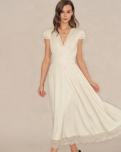 Apricot V Neck Lace Maxi Dress