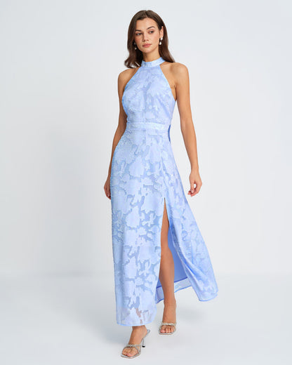 Blue Mock Neck Jacquard Maxi Dress