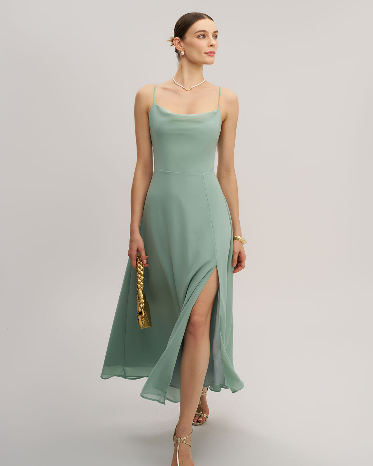 Green A-Line Backless Slip Maxi Dress