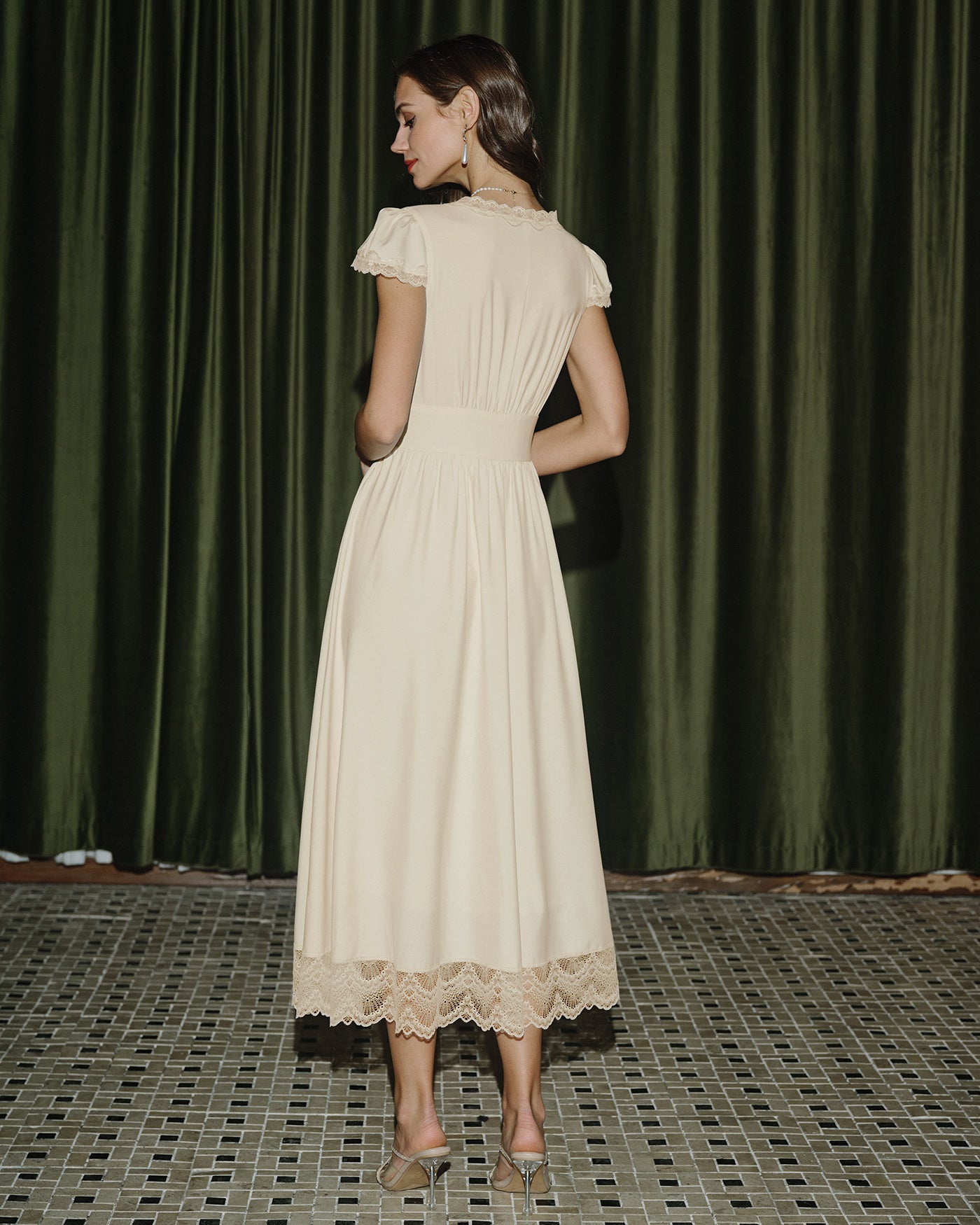 Apricot V Neck Lace Maxi Dress